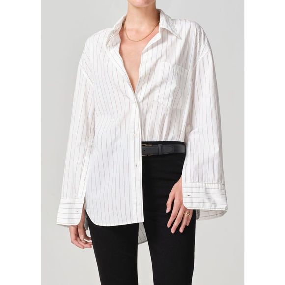 NWT CITIZENS of Humanity Cocoon Shirt In Bitter Chocolate Stripe Size Small Top - Picture 2 of 12